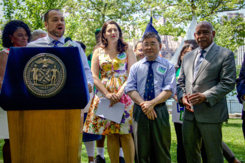 The Play Fair Coalition joins City Council Speaker Corey Johnson on June 27, 2019 to celebrate the historic $44 million Parks budget increase