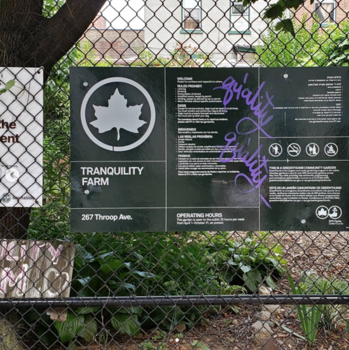 A brand new GreenThumb garden sign that got tagged at the Tranquility Farm in Bedford Stuyvesant, Brooklyn. Photo retrieved from https://www.instagram.com/enak.mcpherson/